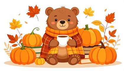 Adorable bear, wrapped in a scarf, holding a mug amongst pumpkins and autumn leaves