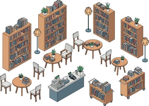 Isometric Bookstore Cozy Reading Nooks and Bookshelves Illustration