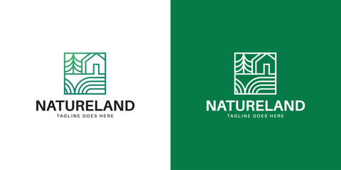 Nature Landscape Logo Design with Tree and Field Icon