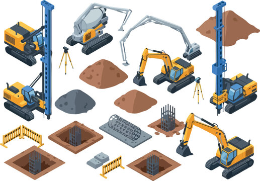Construction Site Machinery and Foundation Elements Isometric Icons