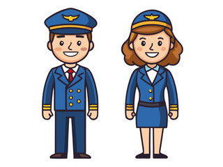 Vector flat illustration set of line art female and male pilots in uniform poses 
