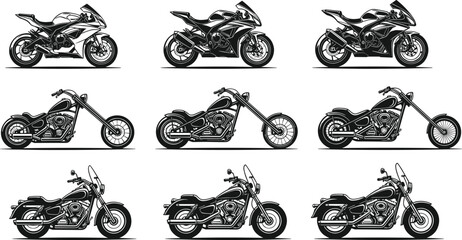 Set of motorcycle silhouettes in sport, chopper, and cruiser styles, detailed black and white vector illustration for transport design projects © MstMorshida