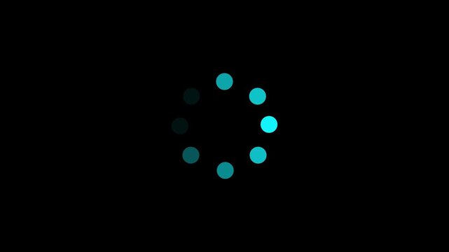 An animated icon of a rotating loading circle with Cyan dotted progress on a Black background. minimal progress indicator motion formed by evenly spaced dots creating continuous looping loading cycle