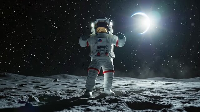 Cinematic 4K stock video astronaut breakdancing moon night, dynamic hip-hop dance moves, low gravity motion moon dust particles floating slow motion, dramatic Earthrise glowing black sky, astronaut