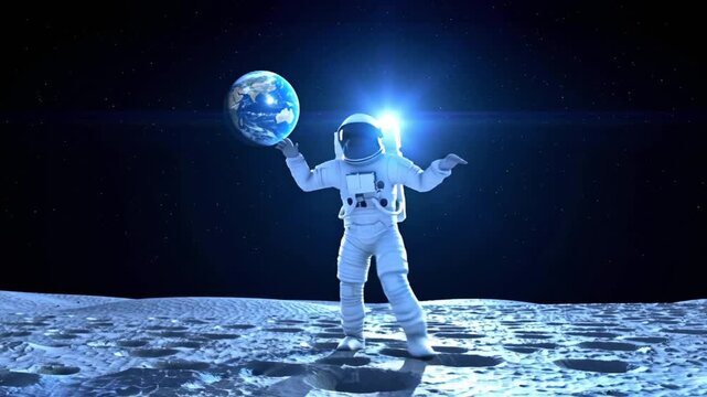 Cinematic 4K stock video astronaut breakdancing moon night, dynamic hip-hop dance moves, low gravity motion moon dust particles floating slow motion, dramatic Earthrise glowing black sky, astronaut