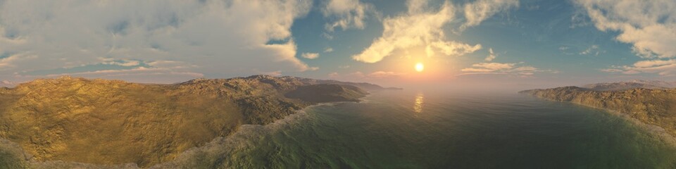 Beautiful seashore at sunset, rocks and water, sun and rocks, rocky bay, Panorama of sea sunset, ocean sunrise, seascape, 3d rendering