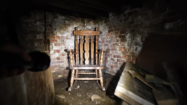 Person exploring abandoned house basement finding rocking chair