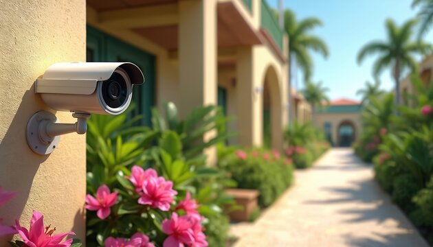 Security camera installed on building exterior wall near path and garden with pink flowers. Residential area monitoring system for safety and privacy.