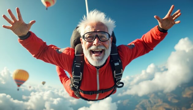 Elderly man joyfully skydives with arms outstretched. He wears skydiving gear and goggles, smiling widely against blue sky and clouds. Other hot air balloons visible.