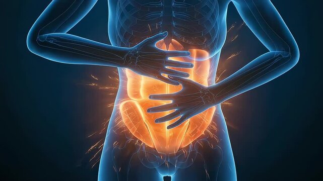 Medical 3D illustration visualizing pain in a woman's abdominal muscles
