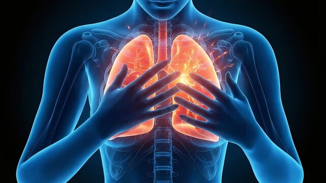 Medical 3D illustration visualizing a woman's lung pain and respiratory problems