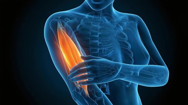 Medical 3D illustration visualizing pain and inflammation in a woman's triceps