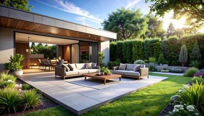 Modern home with open patio and manicured garden under bright sunlight