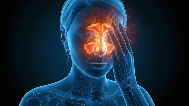 A medical 3D illustration visualizing the pain of a woman's sinusitis