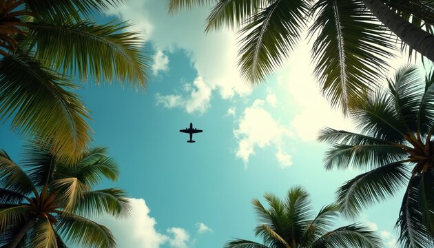 Airplane flies in blue sky with clouds, framed by lush green palm tree fronds. View from below on tropical vacation, travel destination, scenic flight.
