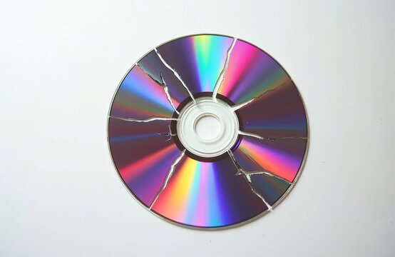 Broken CD or DVD disc with rainbow colors reflecting on cracked plastic surface. Digital data storage has been destroyed. Round object isolated on white.