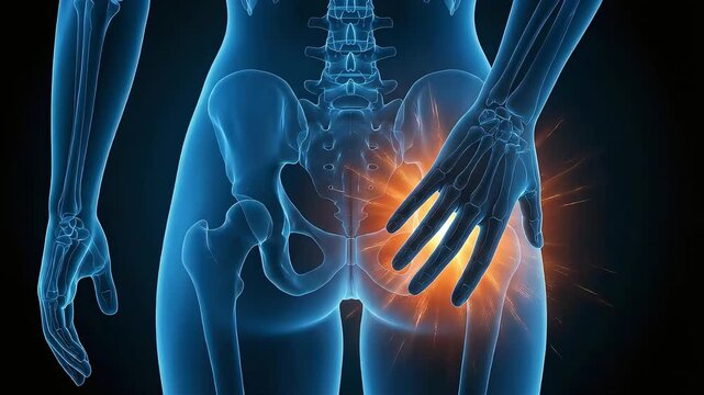 3D anatomy of a woman showing hip pain and inflammation. Medical visualization