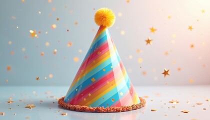 Obraz premium Bright party hat with rainbow stripes, gold dots, and pompom top rests on surface. Star confetti floats around. Festive headwear awaits celebration.