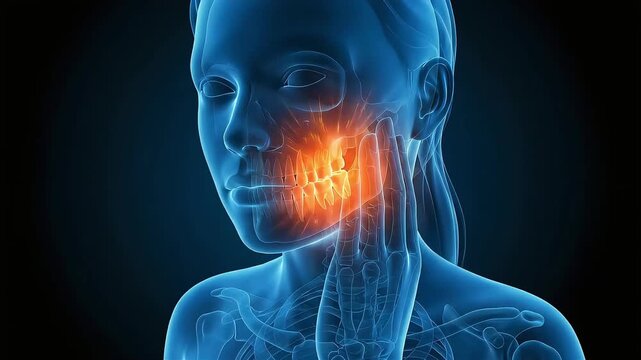 3D female anatomy digital animation visualizing temporomandibular joint disorder and toothache