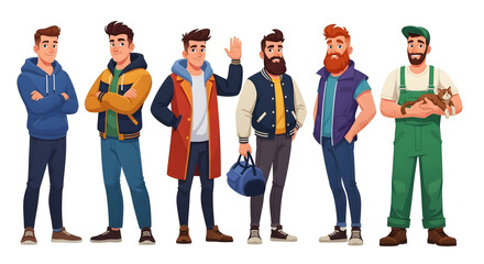 Obraz premium Modern Men Character Set in Casual Outfits and Workwear PNG Illustration