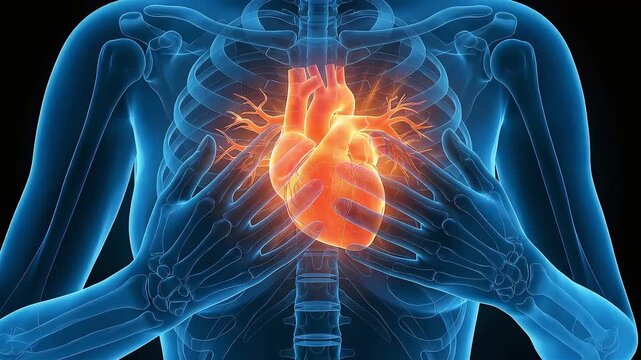 3D medical illustration of a woman having heart pain or chest pain