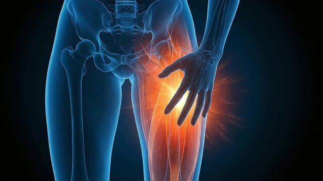 3D medical illustration of thigh muscle injury and inflammation visualizing female quadriceps pain