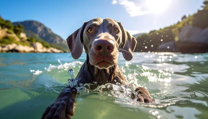 Dog swims in clear water, sunlit, with mountains in background