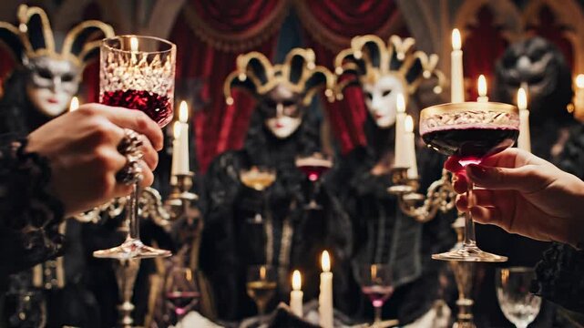 People in venetian masks toasting with red wine