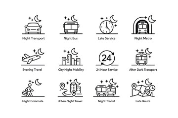 Obraz premium Urban night transportation icons featuring bus metro airplane and city themes