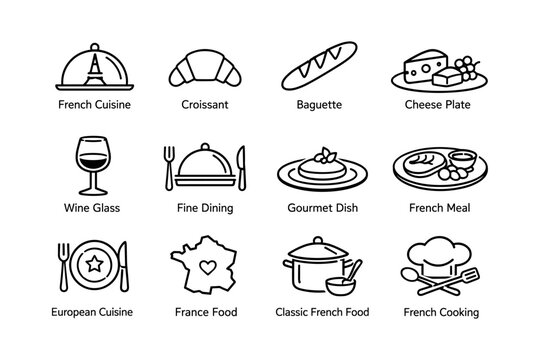 Icon set featuring french cuisine elements like croissant, baguette, wine glass, cheese plate, and fine dining symbols