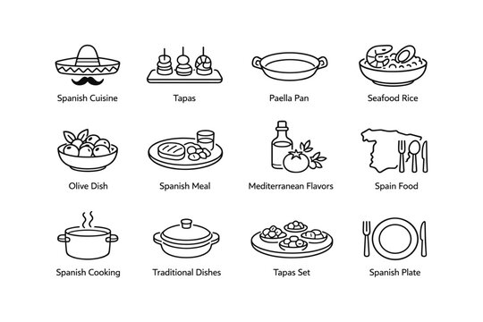 Spanish cuisine icons: tapas, paella, seafood rice, olive dish, traditional cooking
