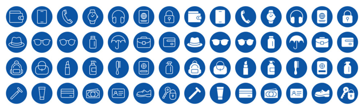 Collection of Blue Icons Representing Everyday Objects and Accessories