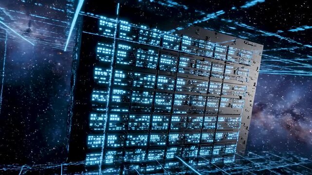 Matte Black Server Monolith Orbiting in Deep Space with Thousands of Blue Status Lights and Sharp Digital Grid Scan