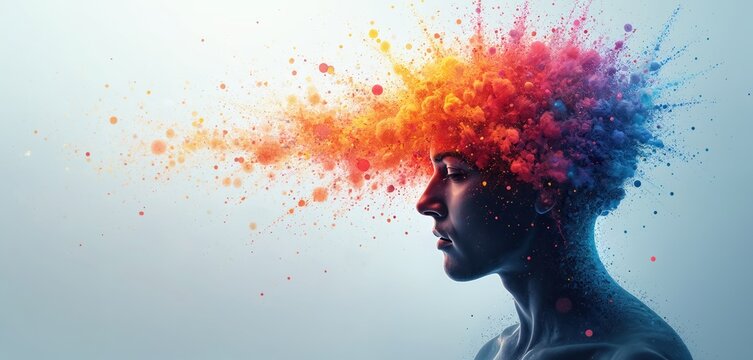 Human head with colorful particles exploding outwards representing diverse thoughts. Person experiences mental health variations and brain activity on light background.