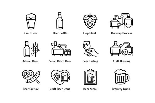 Craft beer icons set featuring brewery process and tasting elements