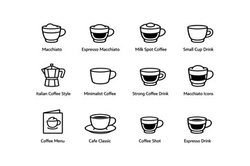 Obraz premium Assorted coffee icons featuring cups and moka pot illustrations