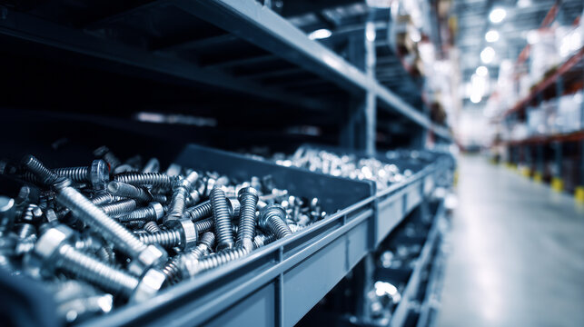 hardware store / warehouse aisle with metal shelves filled with bolts, screws, nuts and washers, close-up focus on the front row of shiny metal fasteners, stacked neatly in bins, l