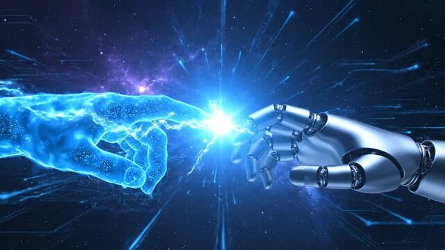 Human and robotic hand reaching out digital art concept touch connection
