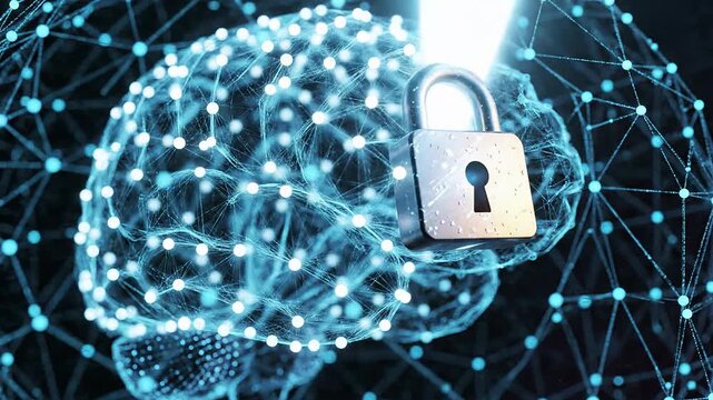 Neural network brain with padlock and light beam representing security and data protection