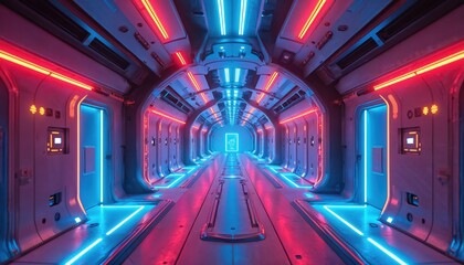 Fototapeta premium Futuristic spaceship corridor with glowing neon lights. Spaceship interior hallway with red and blue illumination. Sci fi tunnel, spacecraft passage design.