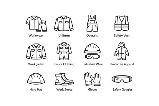 Icons of workwear safety equipment: uniforms, overalls, helmets, gloves, boots