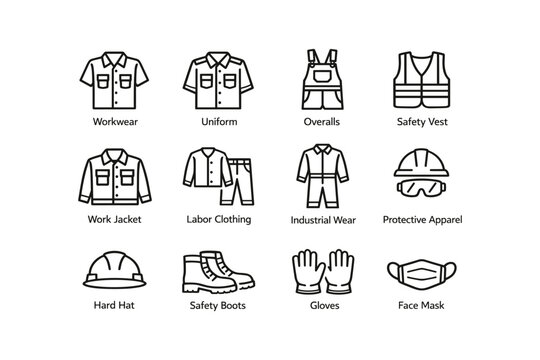 Workwear icons: uniforms, overalls, safety vest, work jacket, protective gear