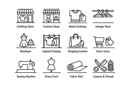 Fashion store icons: apparel, shopping, sewing, dress form, fabric roll