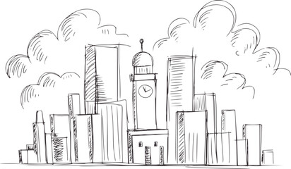 Minimalist pen and ink of city skyline with clock tower and buildings 1
