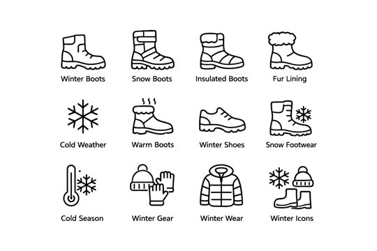 Winter footwear and gear icons for cold weather essentials