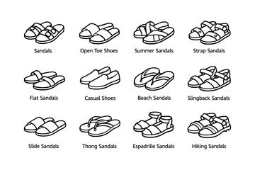 Obraz premium Variety of sandals and shoes: open toe, strap, thong, espadrille, hiking