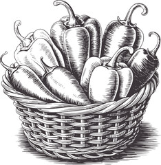 Pen and ink of assorted peppers in a woven basket bell chili