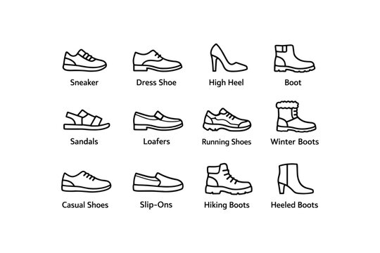 Icon set of various shoe types including sneakers, boots, sandals, and heels