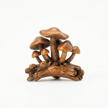 An intricate wooden netsuke carving of a mushroom cluster and a small snail on a log. A traditional Japanese miniature sculpture on a white background.