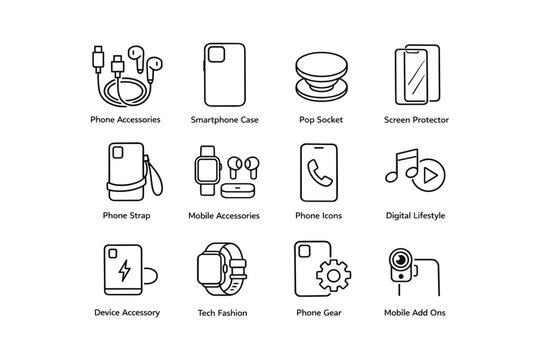 Mobile accessories icons: phone cases, pop sockets, tech gear, digital lifestyle